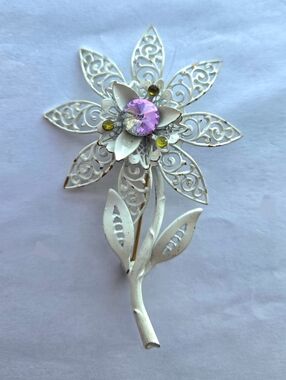 Vintage Mid Century Metal Enamel Flower w/ Stem Filigree & Rhinestones Rivoli